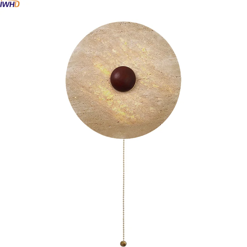 

IWHD Vintage Industrial LED Wall Lights Sconces Indoor Luxury Pull Chain Switch Yellow Travertine Kitchen Bedside Lamp Arandela