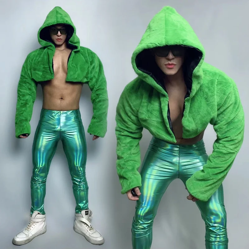 Men Hip Hop Jazz Dance Clothes Nightclub Bar Dj Ds Costumes Gogo Dancer Outfits Singer Stage Costume Green Fluffy Hoodie VDB6147