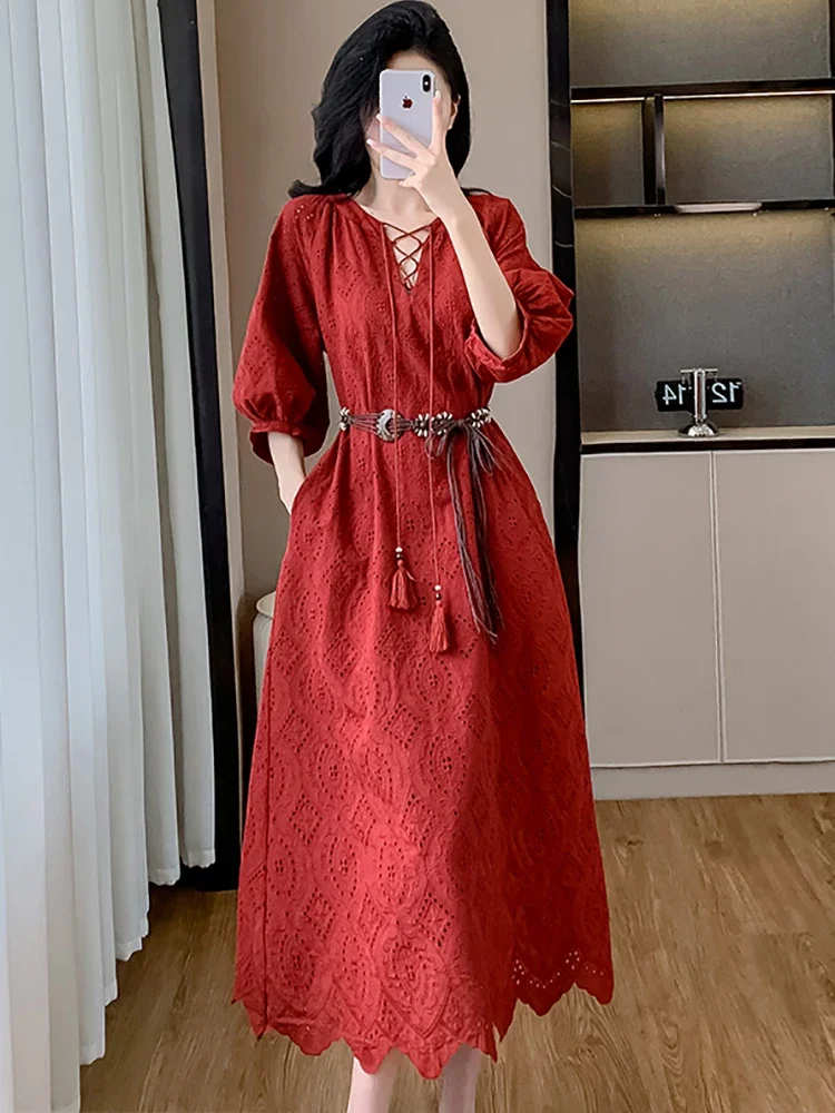 Women Red Hook Flower Hollow Luxury Long Dress Autumn Winter Elegant Bandage Tassel Long Prom Dress 2024 Korean Evening Vestidos