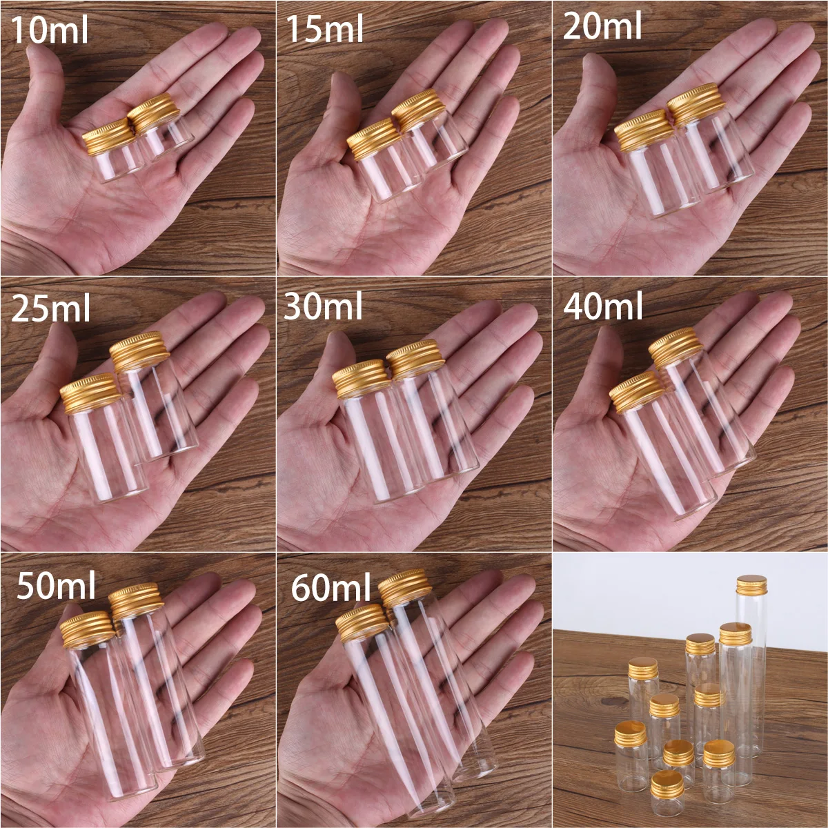 5 sztuk Dia 30mm 10/15/20/25/30/40/50/60ml szklane butelki ze złotymi aluminiowymi nakrętkami butelki na mikstury słoiki na przyprawy na upominki weselne