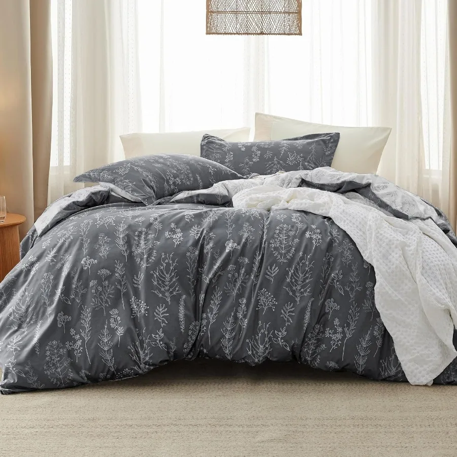 

Queen Comforter Set in Dark Grey with Cute Floral Design for Modern Bedrooms Includes 1 Soft Reversible Botanical Flowers Comfo