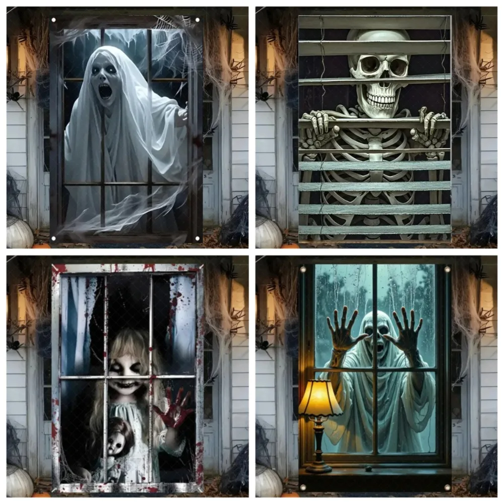

Scary Halloween Backdrops Horror Hanging Background Family Party Decoration Witch Zombie Ghosts Super Terrifying Window Banner