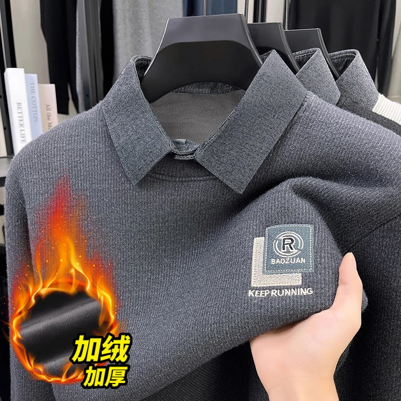 2026 Spring Men's Pullover Fake Two-piece Knitted Joker Shirt Collar Sweater Coat Men Autumn Winter Fleece Pullovers Sweaters