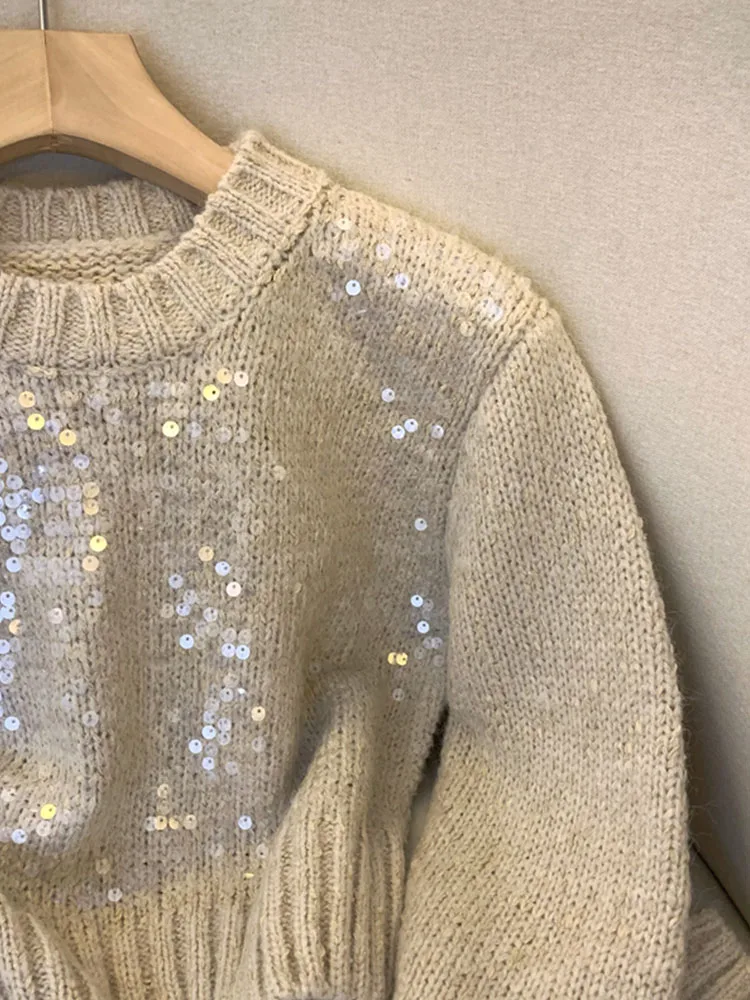 Fashion Sequins Sparkly Pullovers Classical Knitted Sweater Vintage Long Sleeve Chic Streetwear Autumn Winter French Elegance