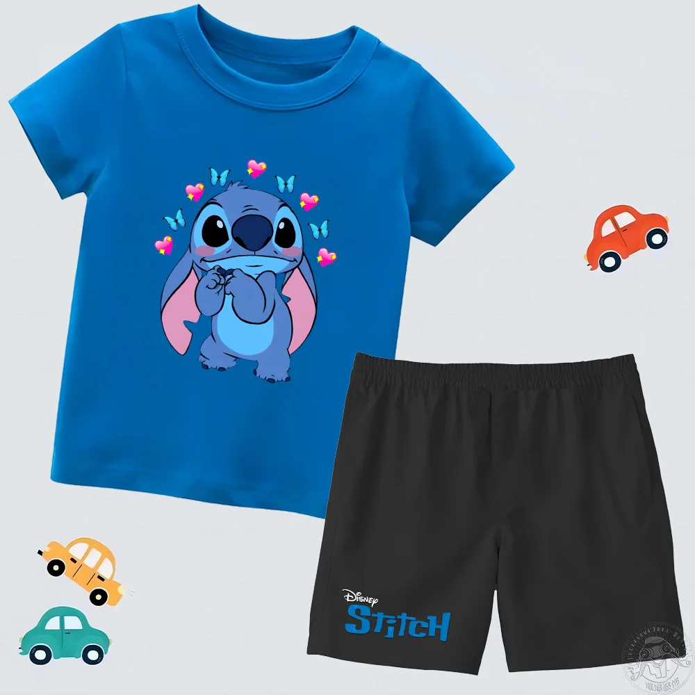 Summer Pure Cotton T-shirt Children's Set Shorts Cartoon Print Stitch Boys and Girls Breathable Multi color Fashion Comfortable