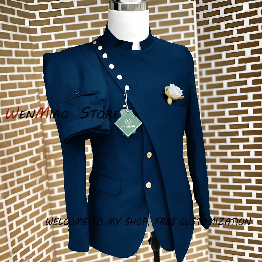 Blazer à boutonnage simple imbibé bleu marine pour hommes, ensemble 2 pièces, smoking de marié de mariage, vêtements de style indien XS-5XL personnalisé