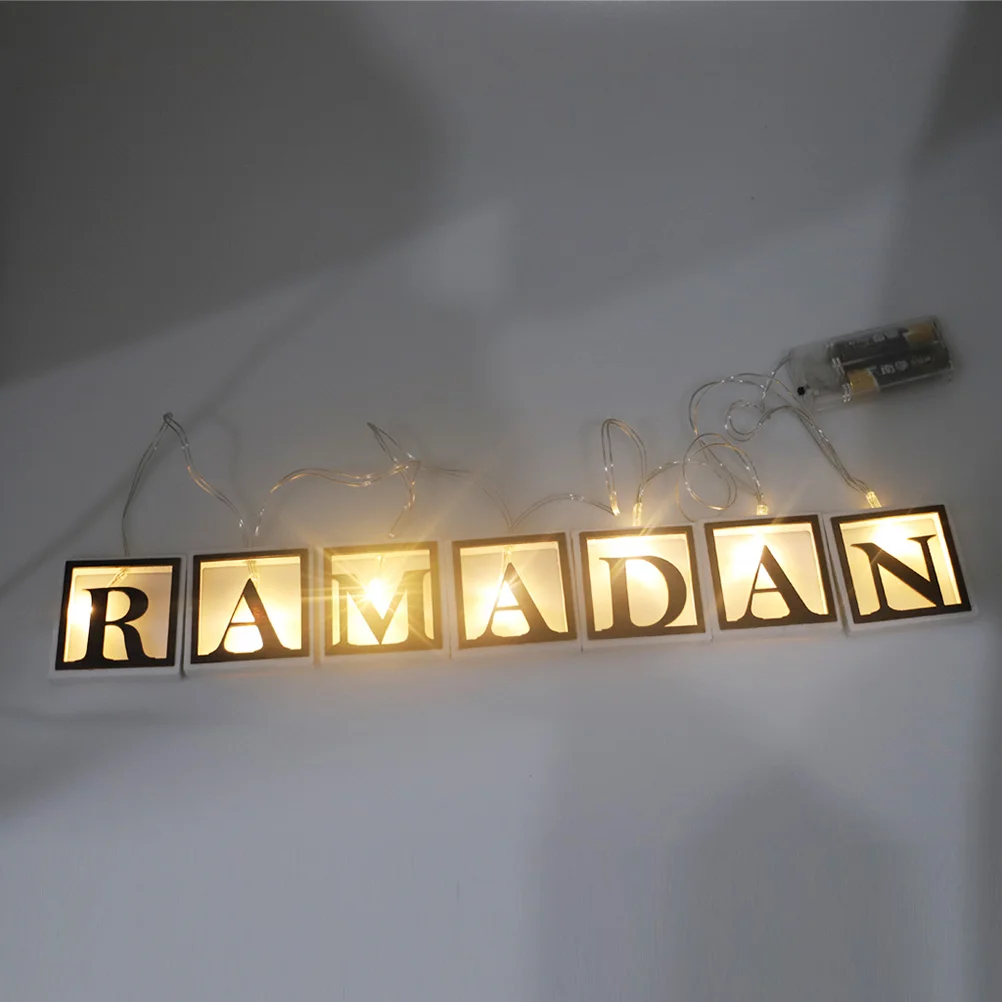 1Set LED Decorative String Lights Wooden Pendants Ramadan Eid Corban Islam Festival Decor Reusable Black White