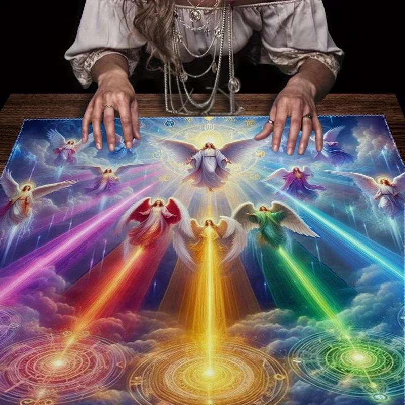 1PC 2D Flat Tarot Tablecloth Angel Wings Light Path Connecting Divine Magic Circle Print Card Mat Furniture Protector Coffee