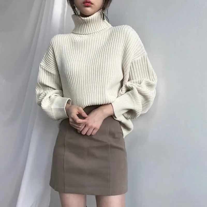 

Autumn Korean Turtleneck Sweaters Women Fashion Loose Lazy Style Long Sleeve Warm Knit Pullovers Solid Simple All Match Jumper