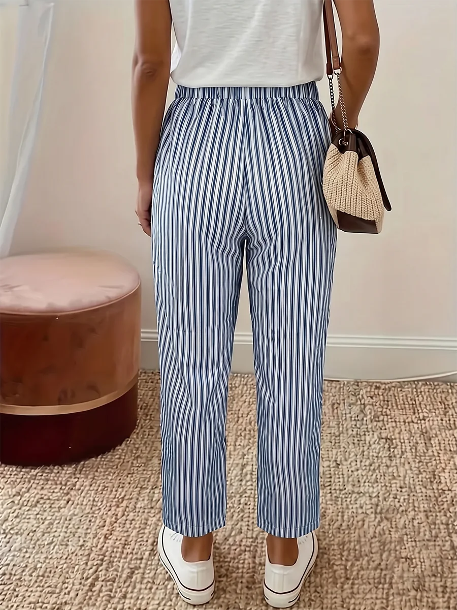 Übergröße Damen Gestreifte Hosen Lässige Weite Hosen mit Kordelzug Herbst Winter Mode Baggy Lange Hosen Hohe Taille Streetwear – Detail 2