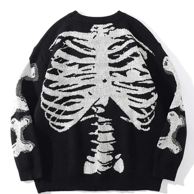 

Streetwear Oversized Knitted Sweaters Mens Skeleton Bone Printed Hip Hop Harajuku Patchwork Casual Pullover 2023 Winter w563