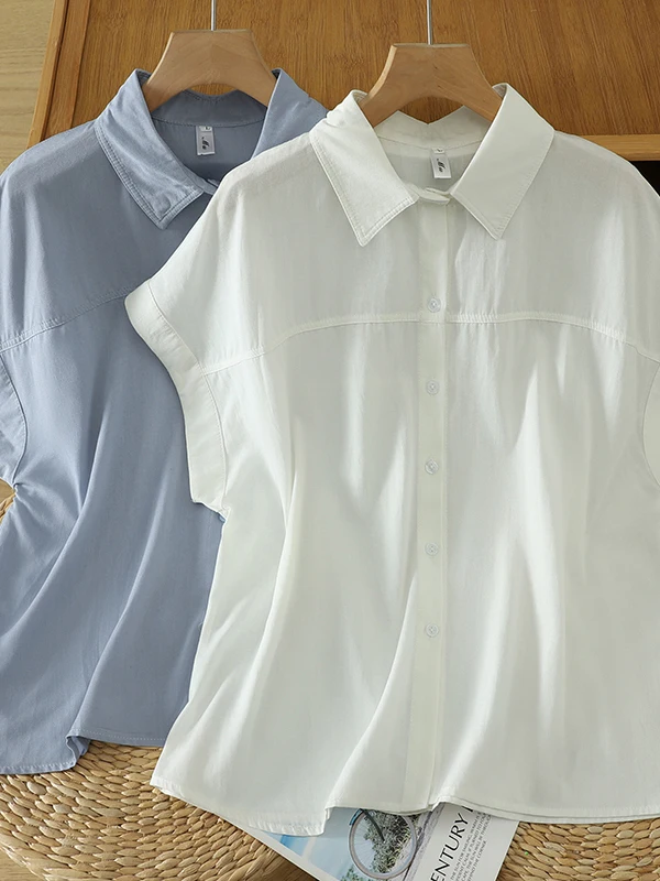 

Simple Color Cotton Linen Short Sleeve Shirt Women Summer New Loose Commute Style Small Flying Sleeve Turn-down Collar ...