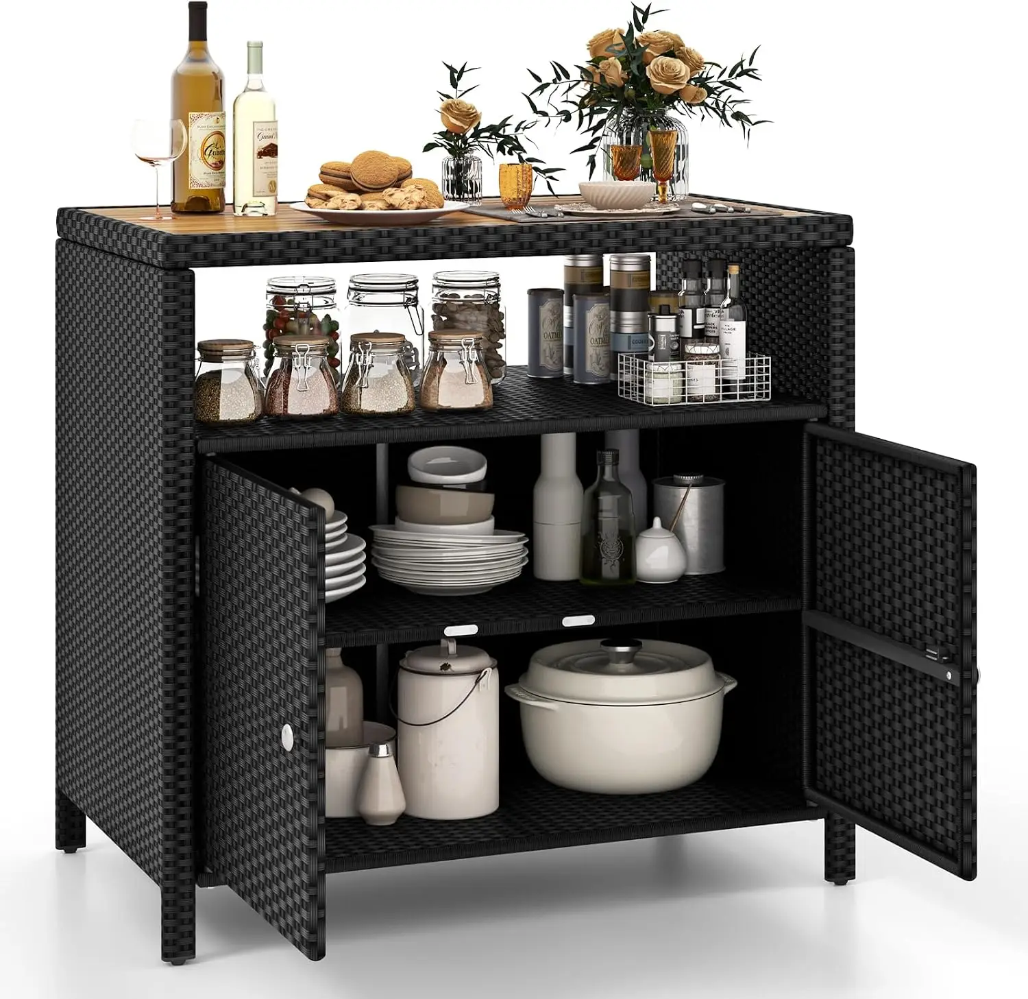 Outdoor Rattan Storage Cabinet, Patio Sideboard Buffet Cabinet with Acacia Wood Countertop, Open Shelf & 2 Door Cabinet