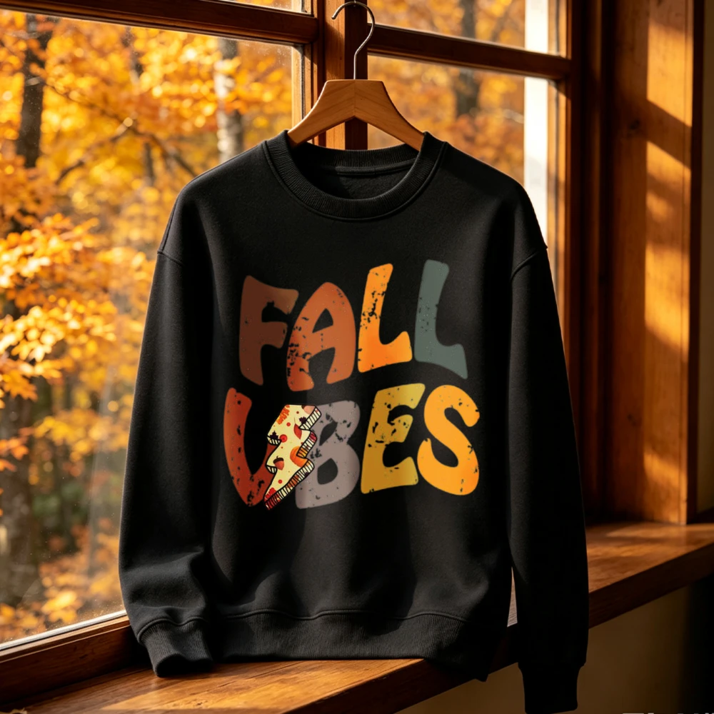 Retro-Sweatshirt mit Herbst-Atmosphäre, Pullover im Trend der Generation Z 67, Vintage-Oberteil mit abgenutztem Look und grafischem Motiv, schwarzes Rundhals-Oberteil, Winterkleidung für Damen.