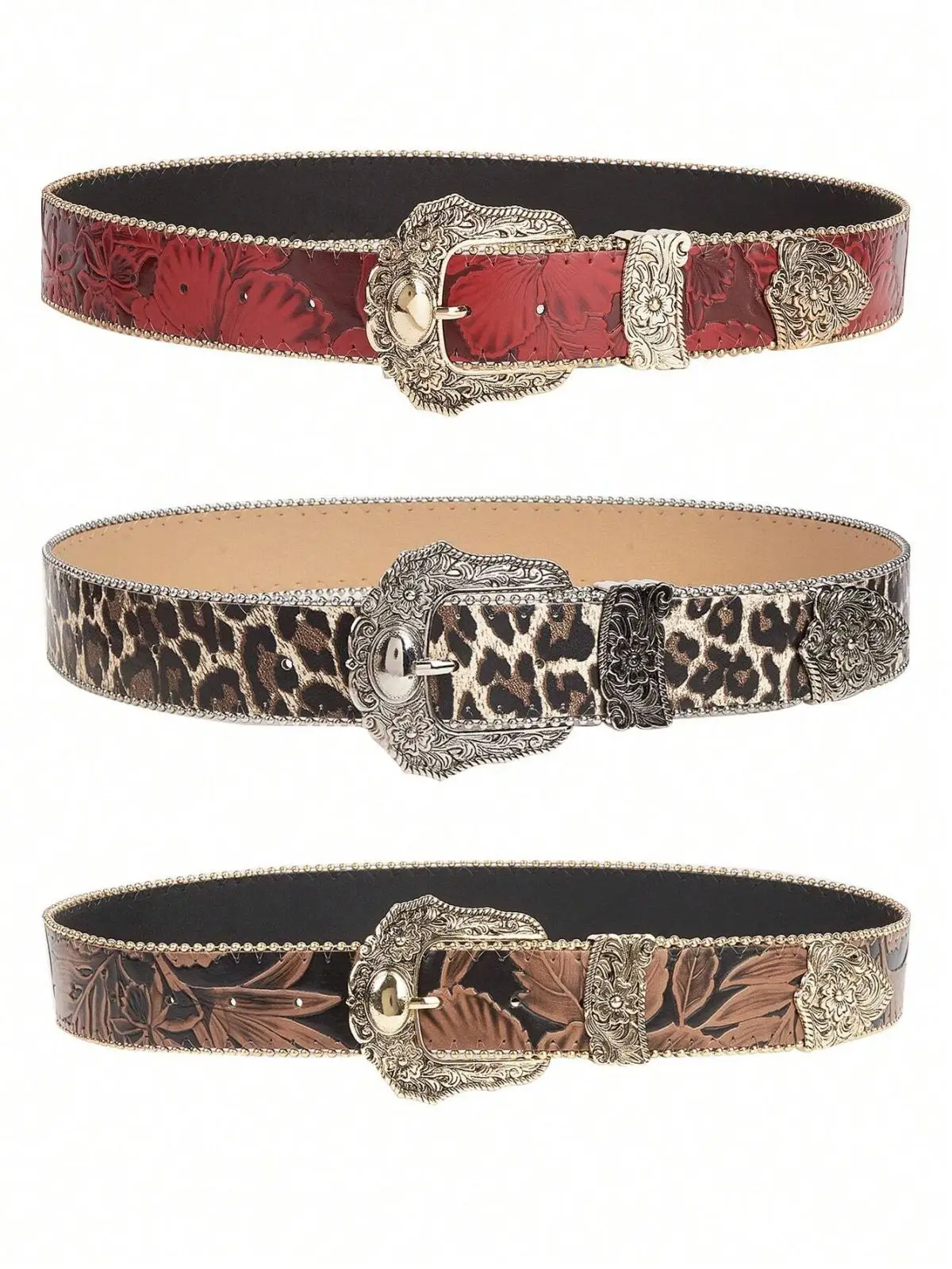 Women's Vintage Western Style Buckles Carved Flowers, Leopard & Cow Pattern PU Leather Belt