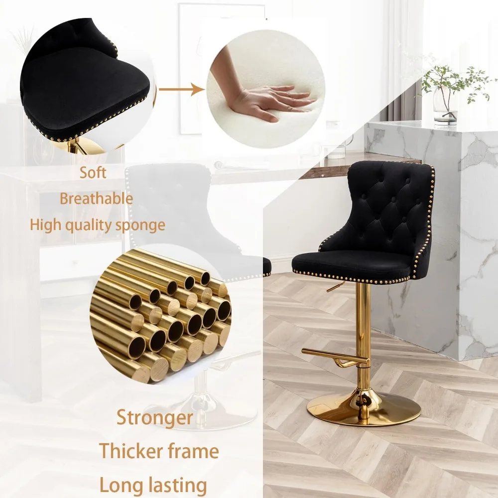 Ensemble de 2 tabourets de bar pivotants en velours doré, hauteur de comptoir avec bouton et garniture de têtes de clous, chaises d'îlot de cuisine