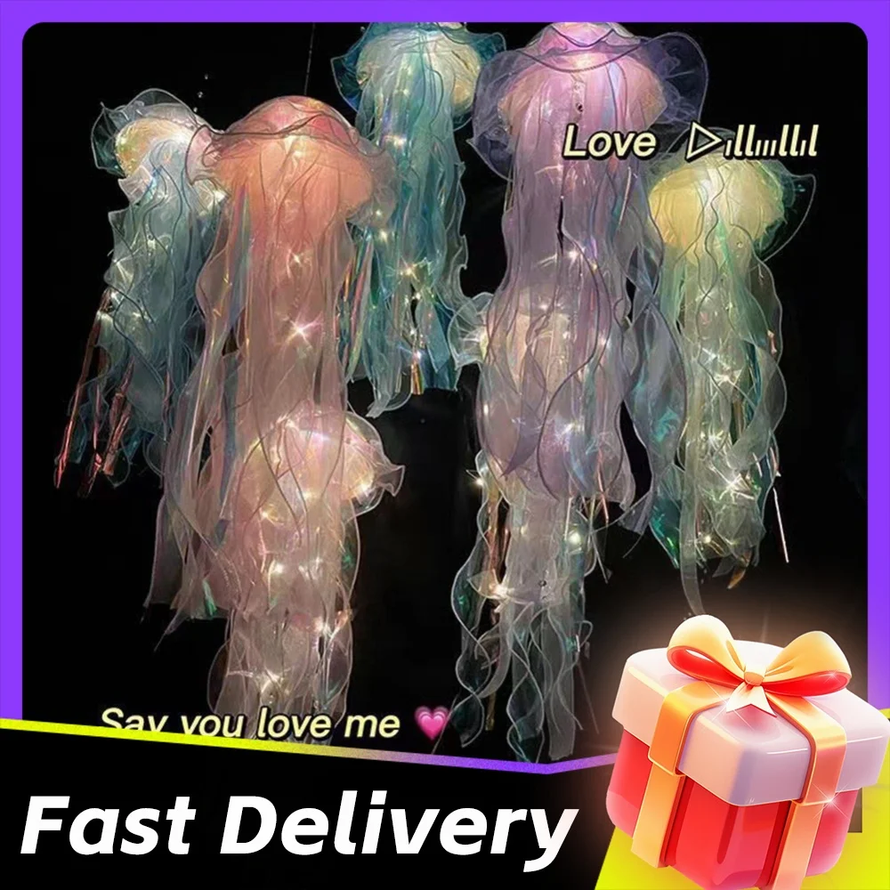 Jellyfish Atmosphere Night Light Button Battery Hanging Ceiling Lantern Realistic with Ribbon&Bead for Bedroom