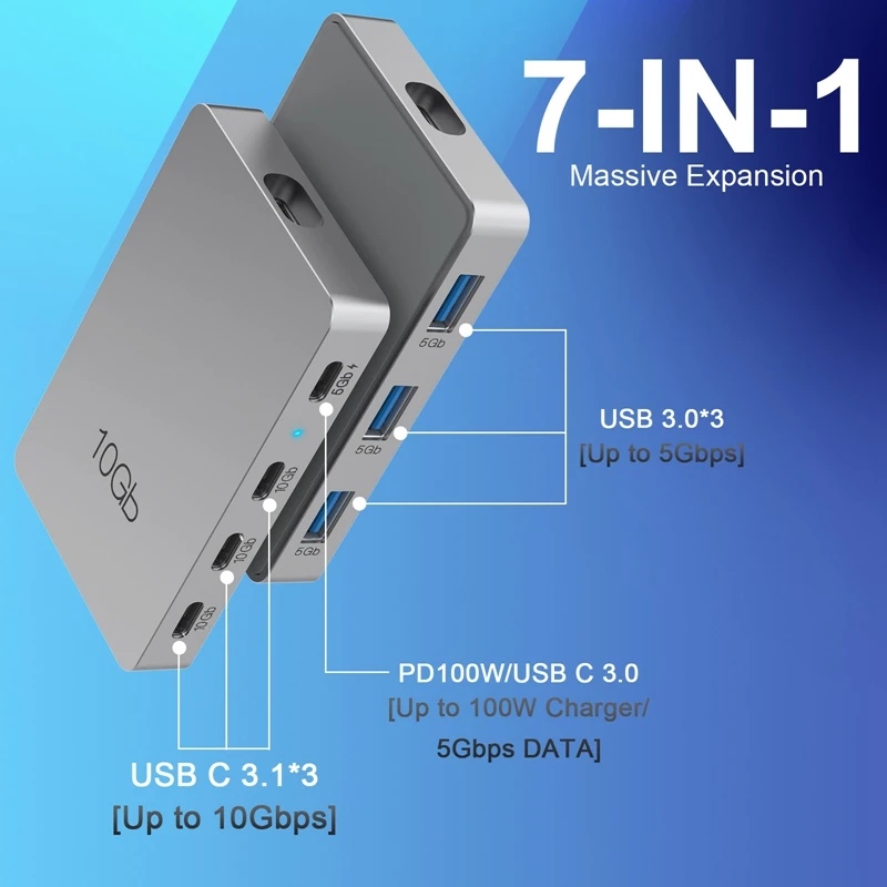 محطة إرساء من النوع C مصنوعة من سبائك الألومنيوم الرمادي USB3.2 Gen2 بسرعة 10 جيجابت في الثانية 7 في 1 مع توسيع شحن PD 100 وات محور متعدد الوظائف