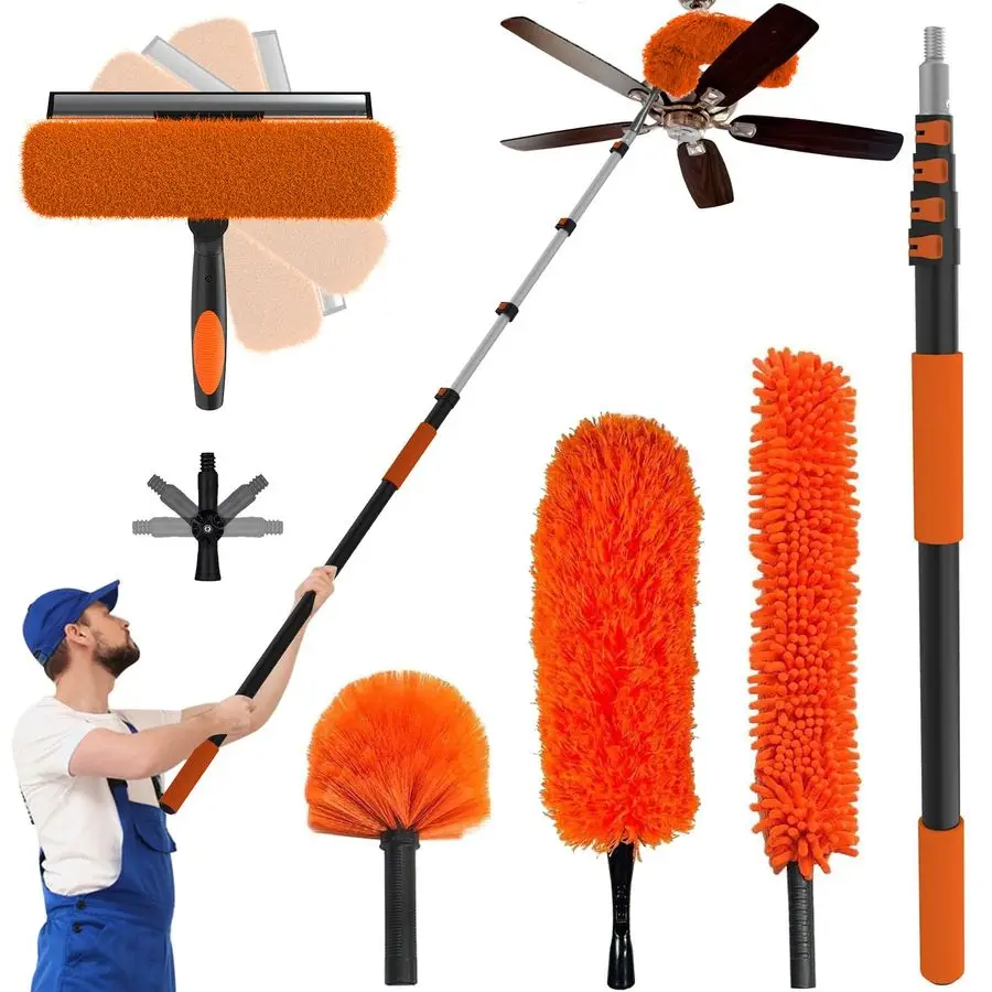 

26FT Reach Dusting Kit, Long Duster with 520FT Extension Pole for High Ceilings, Cobweb Duster, Microfiber Duster, Window Squeeg