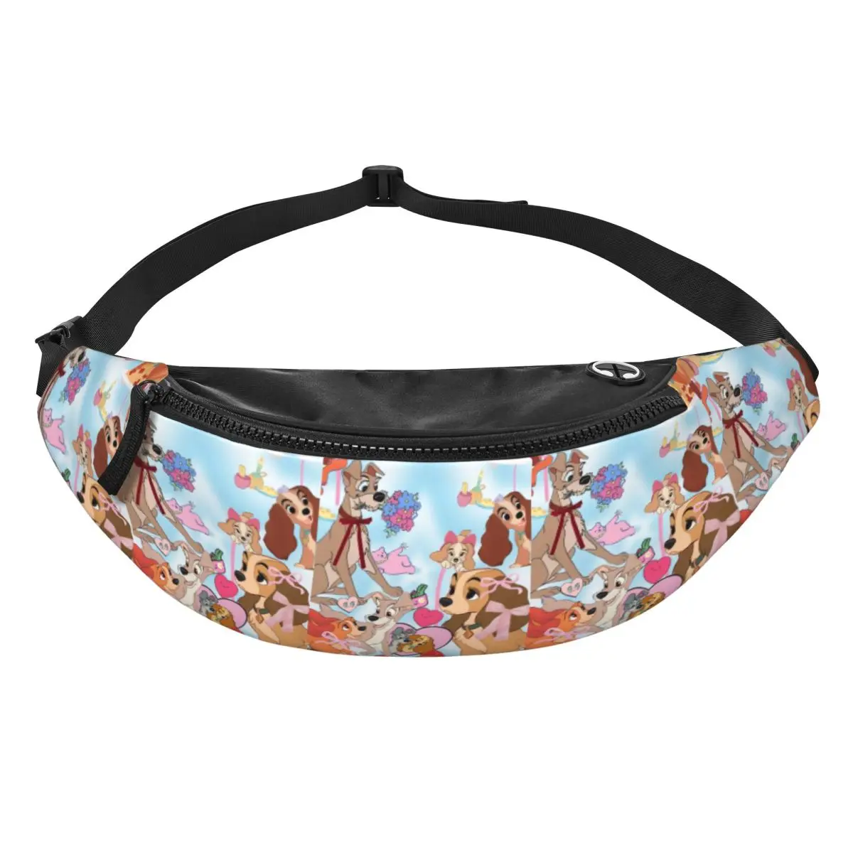 

Custom Lady And The Tramp Anime Fanny Pack Men Women Fashion Cartoon Crossbody Waist Bag for Camping Biking Phone Money Pouch