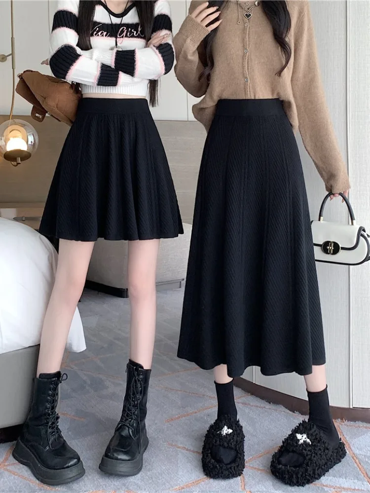 plus Size Knitted A-Line Midi Skirt High Waist Light Tawny Color Women's Fashionable Korean Sle Half-length Skirt