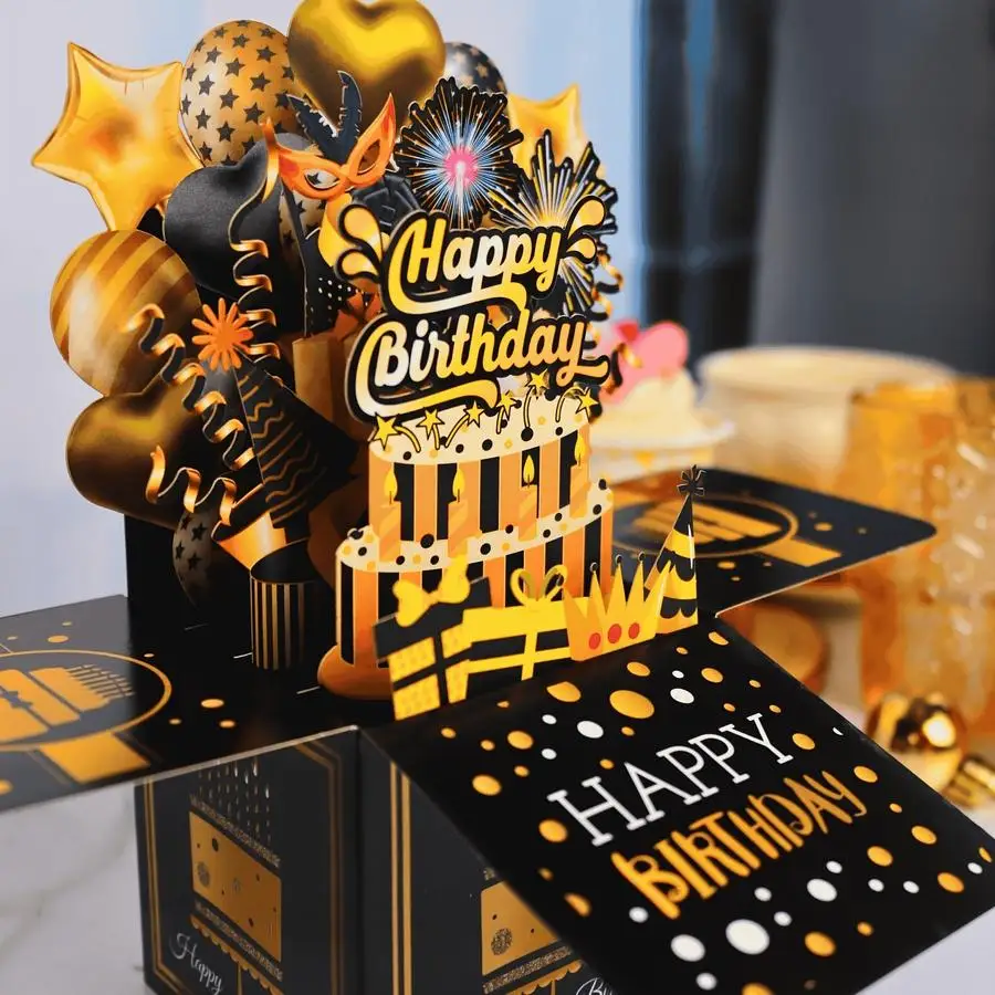 1/5/10/20/50/100pcs Luxury Happy Birthday Pop-Up Greeting Card, Birthday Balloon Birthday Party Invitation Card with Blank Note