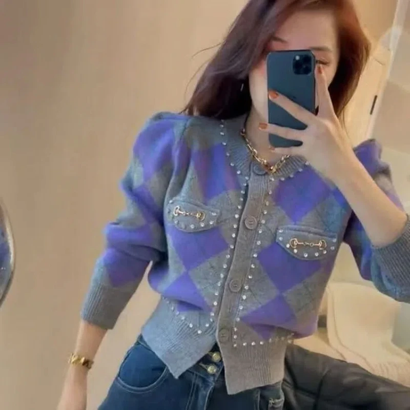 

Autumn Winter Round Neck Long Sleeve Fashion Sweater Women High Street Plaid Printing Button Cardigan Elegant Bow Patchwork Tops