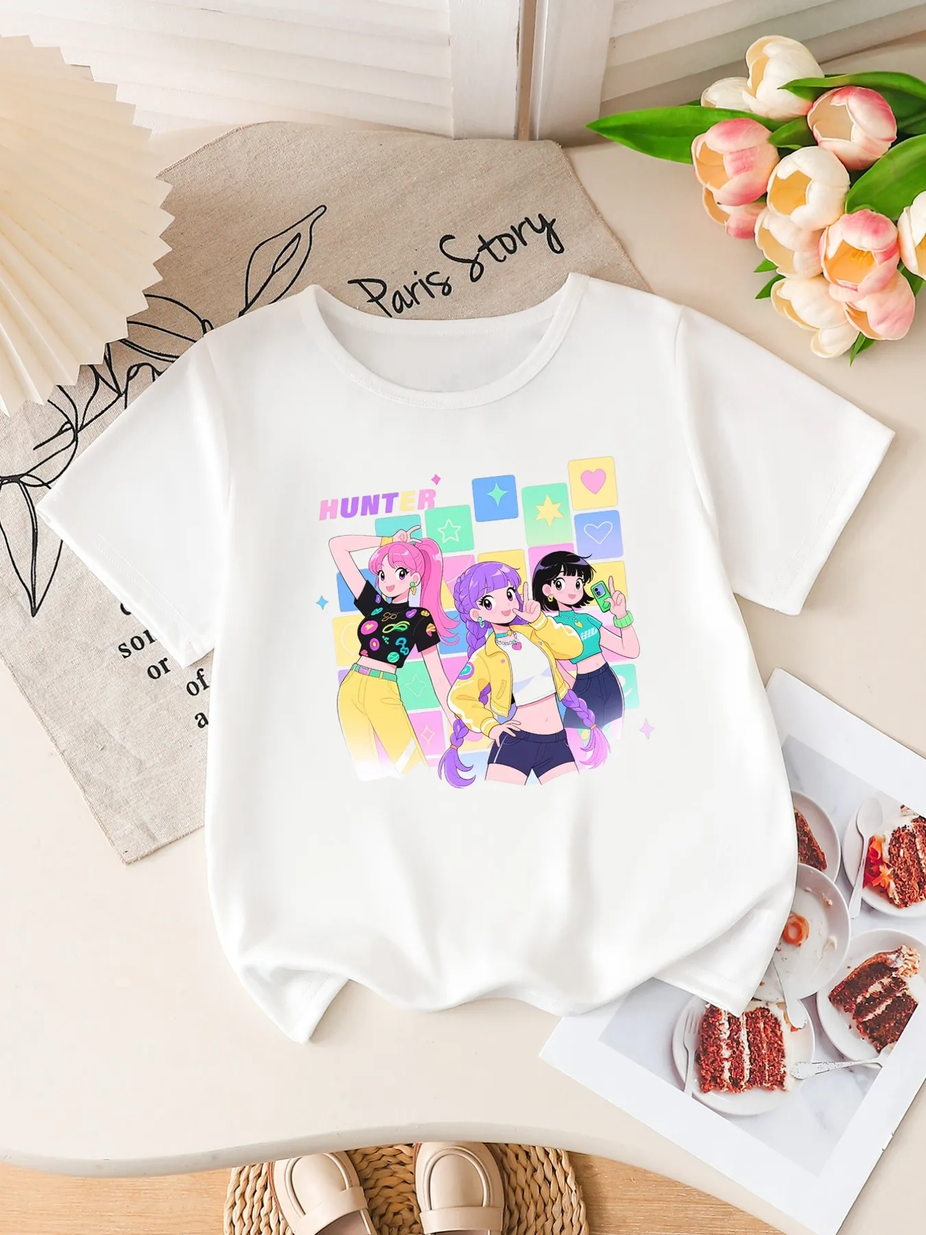 Girls Hunter Anime Girl Group Print Short Sleeve T-Shirt Cut