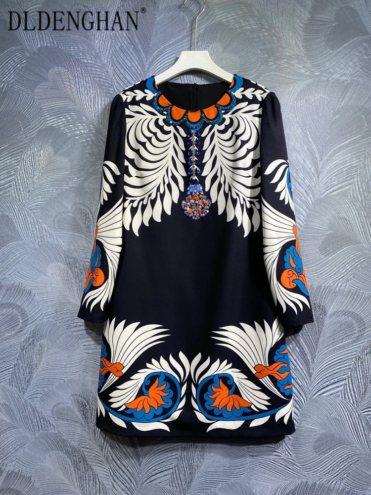 

DLDENGHAN Spring Short Dress Women O-Neck Long Sleeve Crystal Diamonds Vintage Print Dresses Fashion Designer New