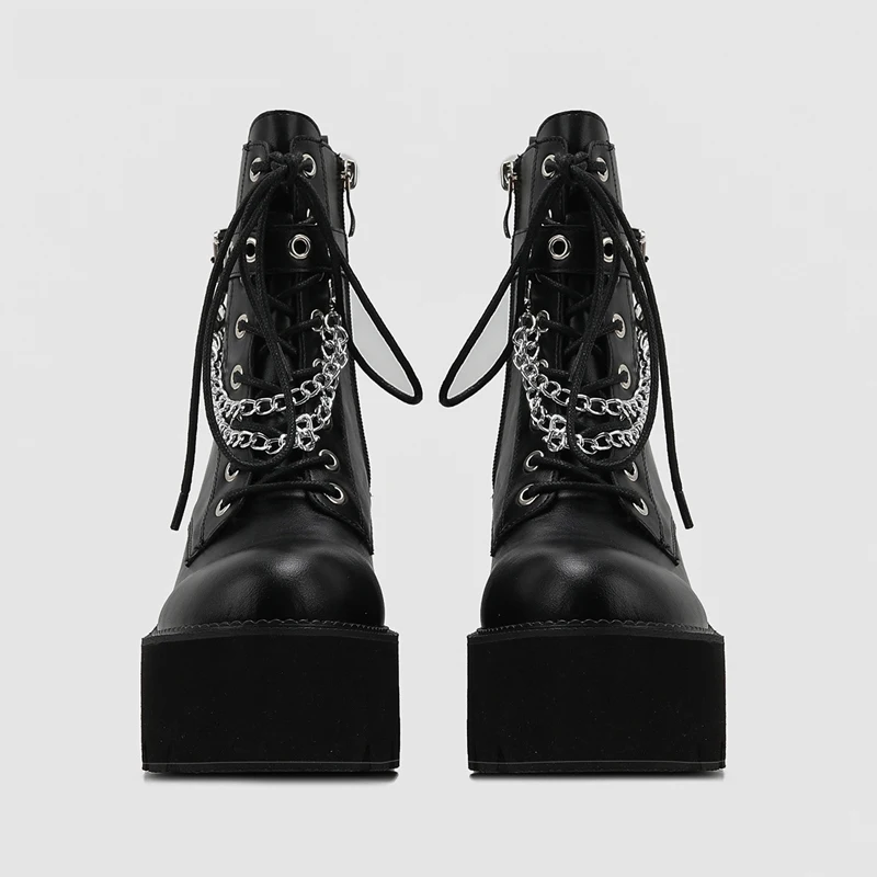 Buty damskie w stylu Punk platformy botki czarne okrągłe Toe masywne obcasy skórzane buty damskie z łańcuszkiem sznurowane Botines WSH4695