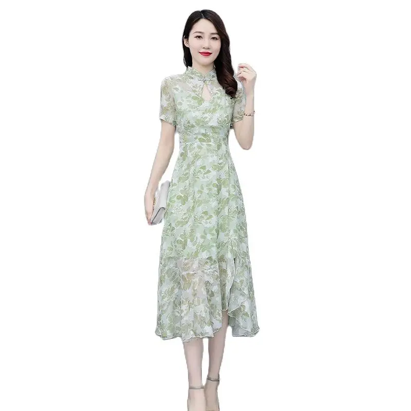 

Fashion Floral Chiffon Dress Womens Spring And Autumn 2023 New Loose Slim Big Pendulum Long Ankle Temperament Elegant Fairy Skir