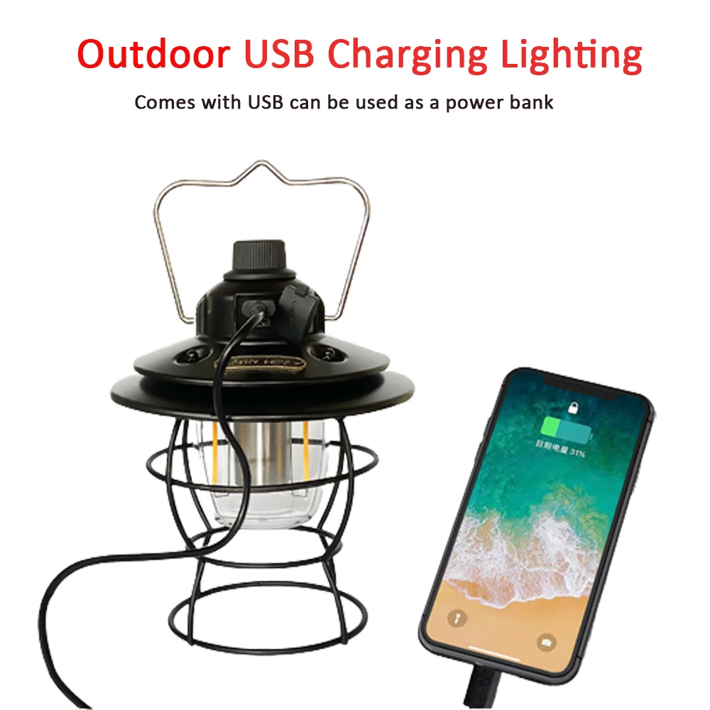 

LED Retro Outdoor Camping Horse Lantern Rechargeable Tent Light Adjust Light Modes 2000mAh Power Bank USB Warm Lamp Emergency