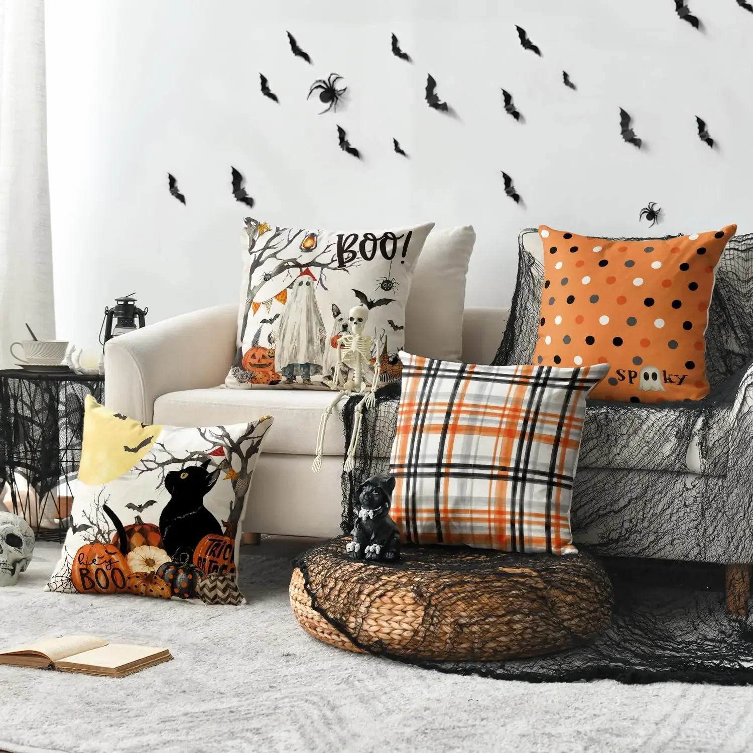 Halloween Boo Dead Tree Ghost Spooky Dog Polka Dots Throw Pillow Covers,18x18