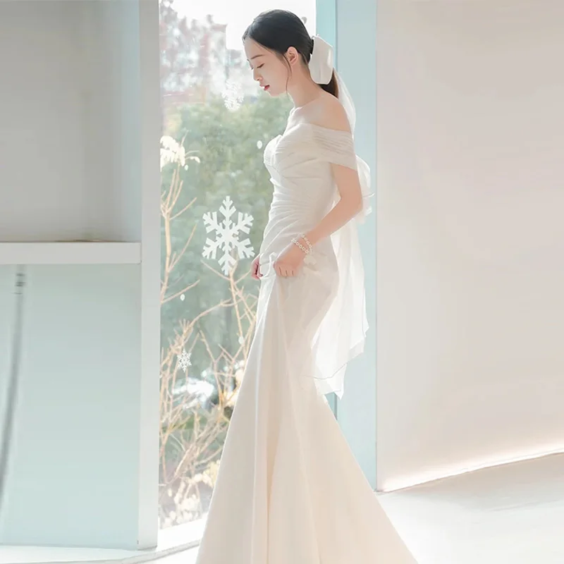 

Elegant Satin Wedding Dress One Shoulder Fish Tail Slimming Women's Fashion New 2024 Bridal Gown Wedding Dress
