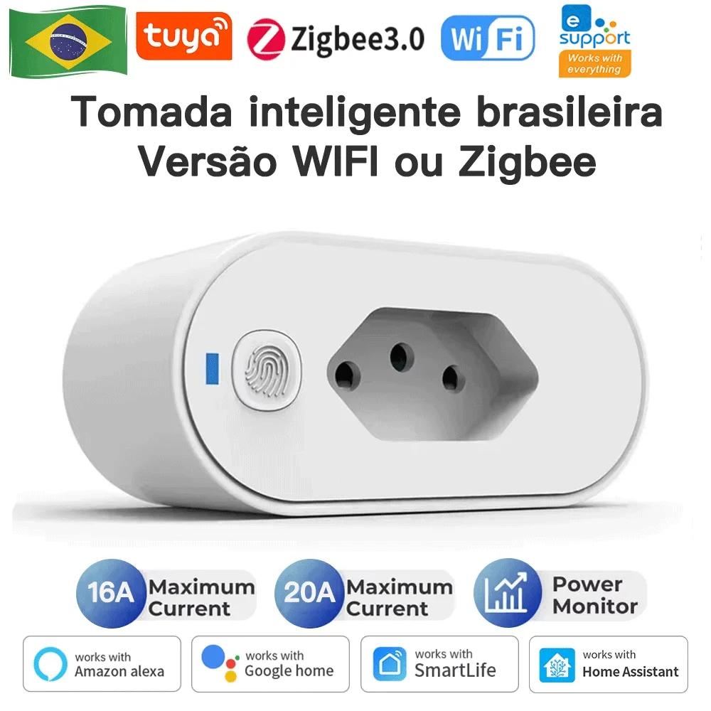 Tomada Inteligente Tuya Brasil 16/20A com Wi-Fi ou Zigbee 3.0, Compatibilidade EWeLink, Monitoramento de Energia, Controle por Voz