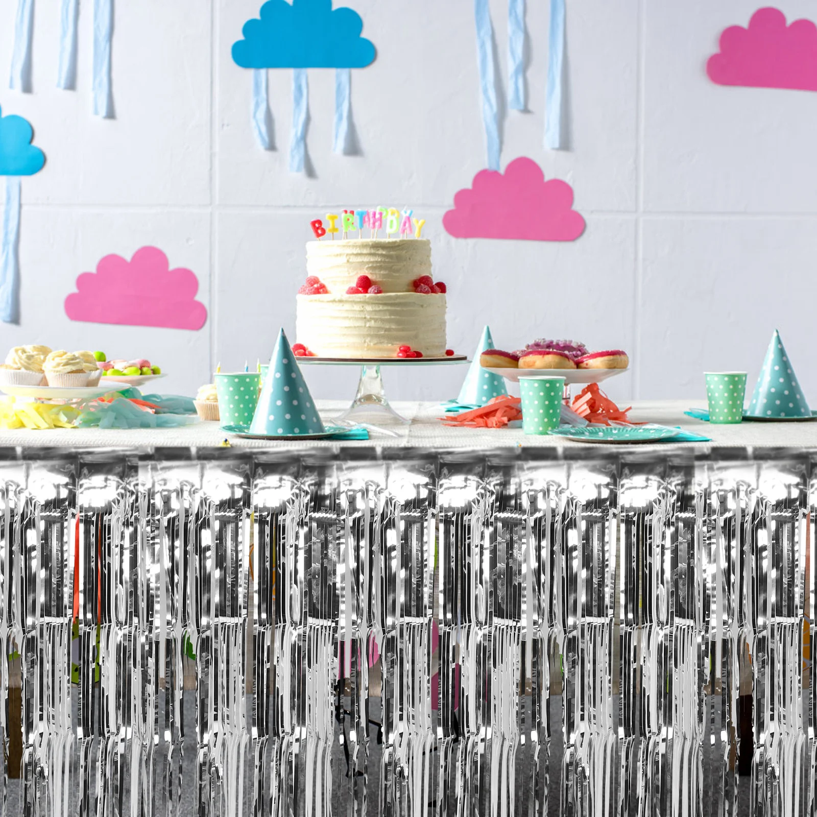 

Disposable Table Skirt Decorations Tinsel Fringe Metallic Foil For Rectangle Tables Wedding Birthday Christmas Party