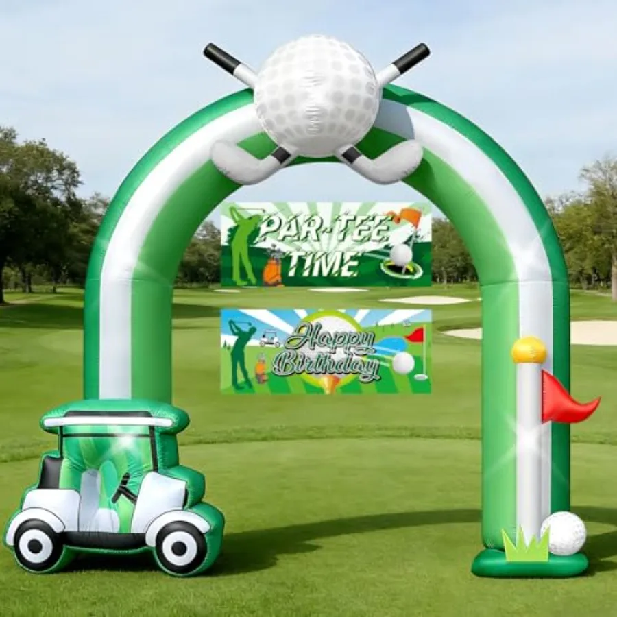 

Golf party decorations for outdoor stadium use, inflatable arch with built-in blower, green color, LED lighting and golf car fl