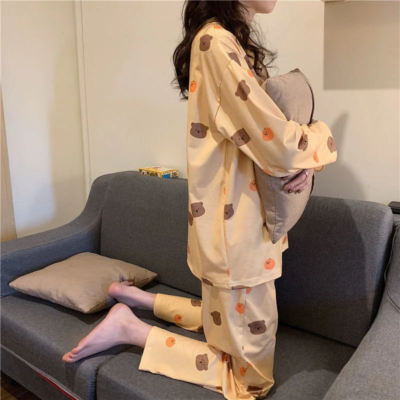 SP&CITY Cartoon Cute Patterned Long Sleeved Pajamas Set Female Spring Sleepwear Comfortable Cotton Round Neck Pajamas