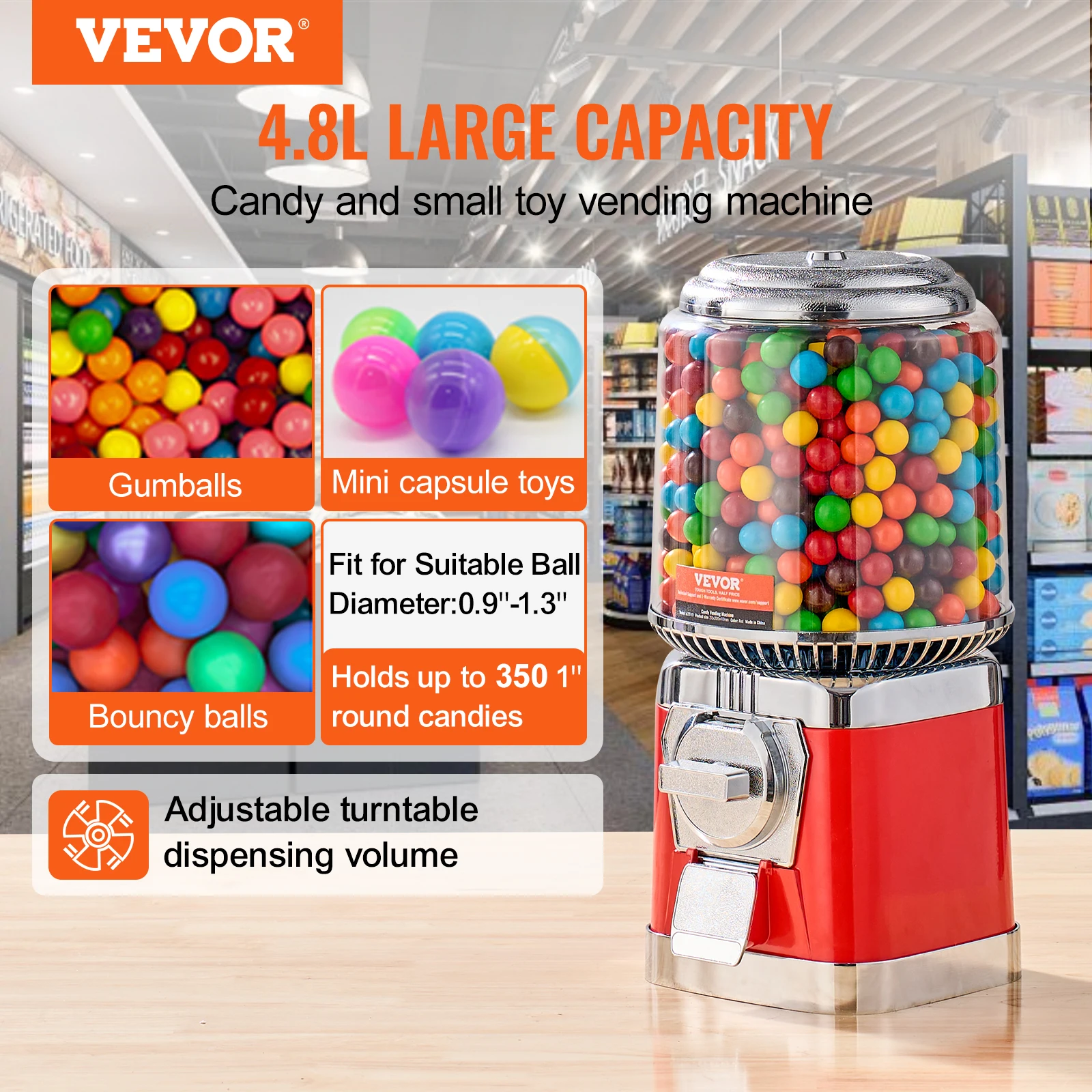 VEVOR Gumball Machine for Kids Candy Vending Machine Bubble Gum Machine Coin Operated Gumball Bank for Toy Balls Candy