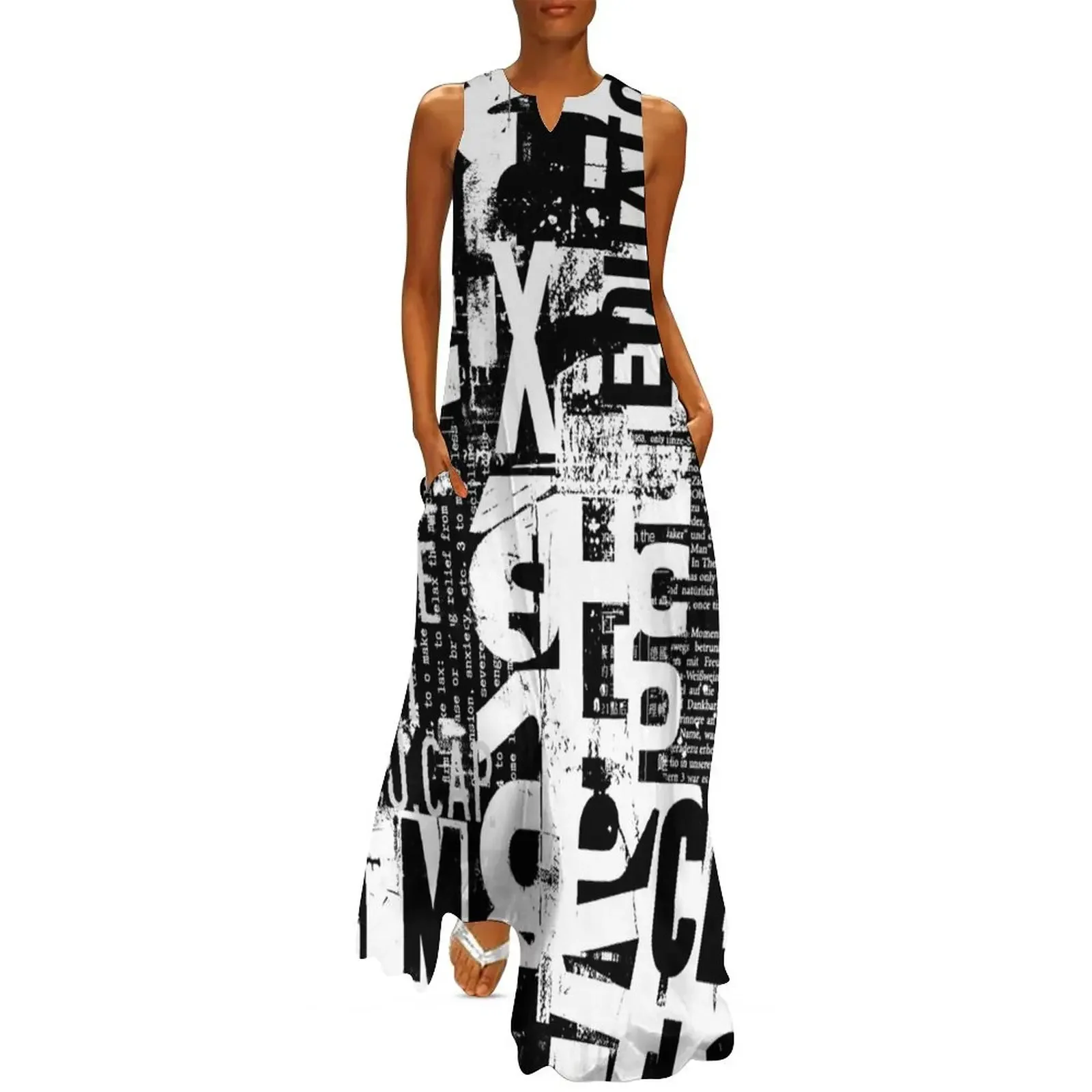 

Grunge Typography Urban Style With Letters And Numbers Black And White Long Dress long sleeve dresses long sleeve dress Dress