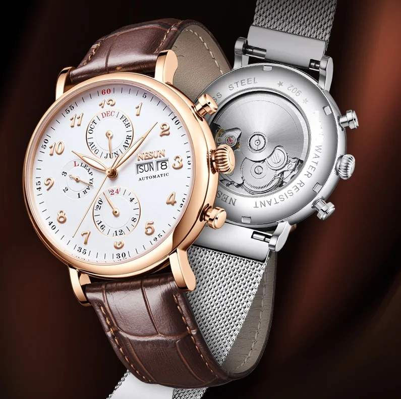NESUN automatic mechanical watch for men, multi-functional mechanical watch, skeleton men's watch, gentleman's wristwatch