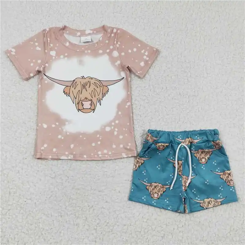 2023 wholesale price summer new boys alpine cattle brown short sleeve blue shorts boutique set