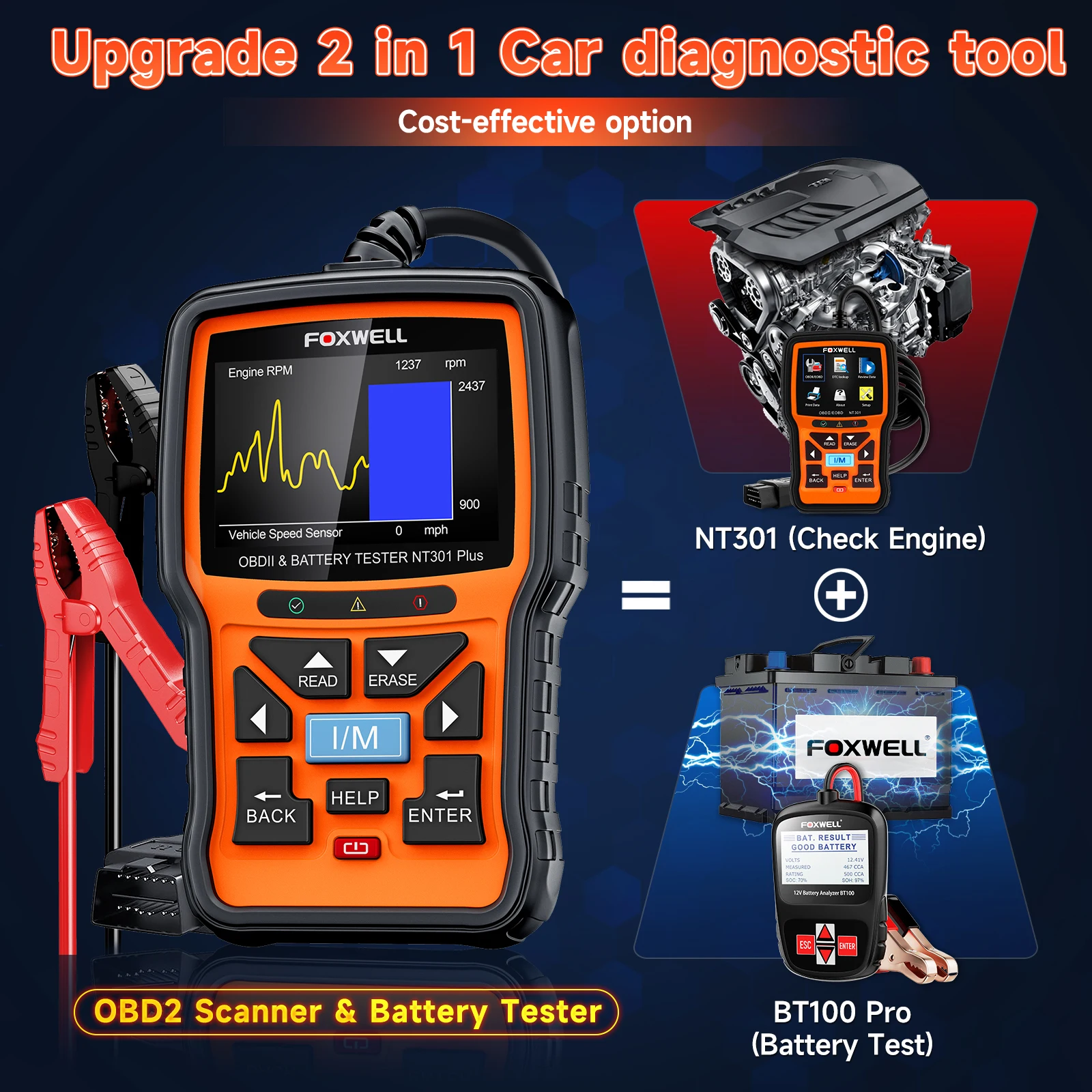 FOXWELL NT301 Plus 2 في 1 obd2 الماسح الضوئي جهاز اختبار بطارية obdii أداة تشخيص تحقق محرك قارئ رمز السيارة 12 فولت 100-1100CCA كرنك