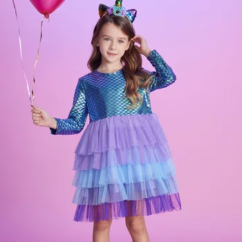 VIKITA Girls Mermaid Print Dress Kids Layered Mesh Tulle Cake Ball Gown Tutu Dresses Girl Party Performance Princess Dress 3-12Y 2