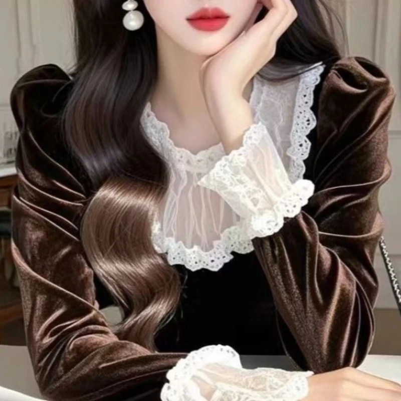 

Новая модная кружевная лоскутная бархатная блузка женская весна осень элегантная сексуальная тонкая рубашка с пышными рукавами офисные женские топы TT397