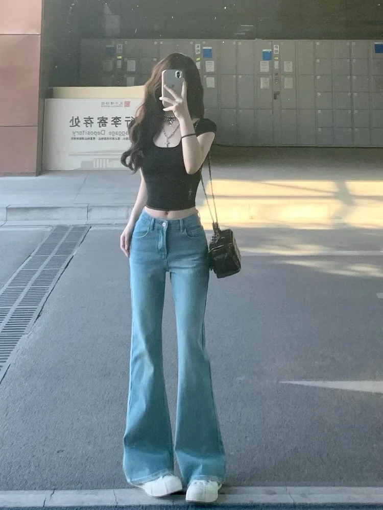 

American Retro Light Blue Bell Bot Jeans Women's High Waist Elastic Slim Small Size Hoof Pants Summer New Sle