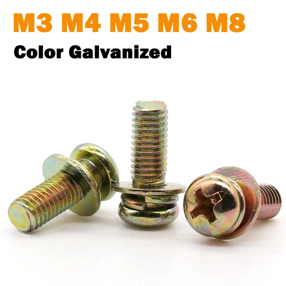 M3 M4 M5 M6 M8 Carbon Steel Color Galvanized Phillips Screw Pan Round Head Bolt Flat Spring Washer Three Combination Screws
