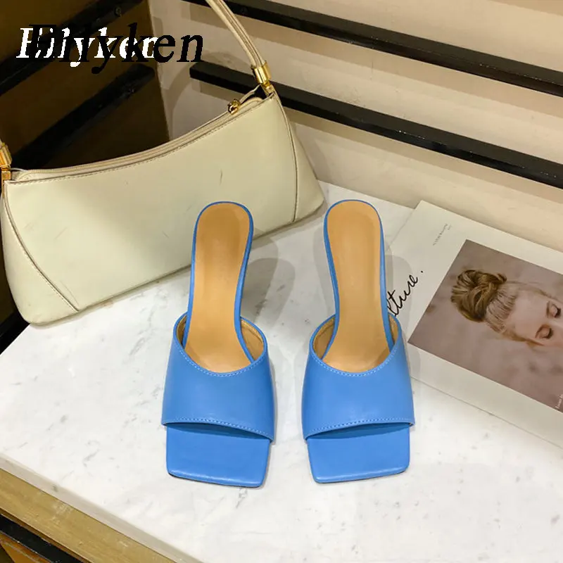 Eilyken Summer Cozy Soft PU Leather Square Toe Women Slippers High Heels Mules Outdoor Party Dress Ladies Fashion Shoes