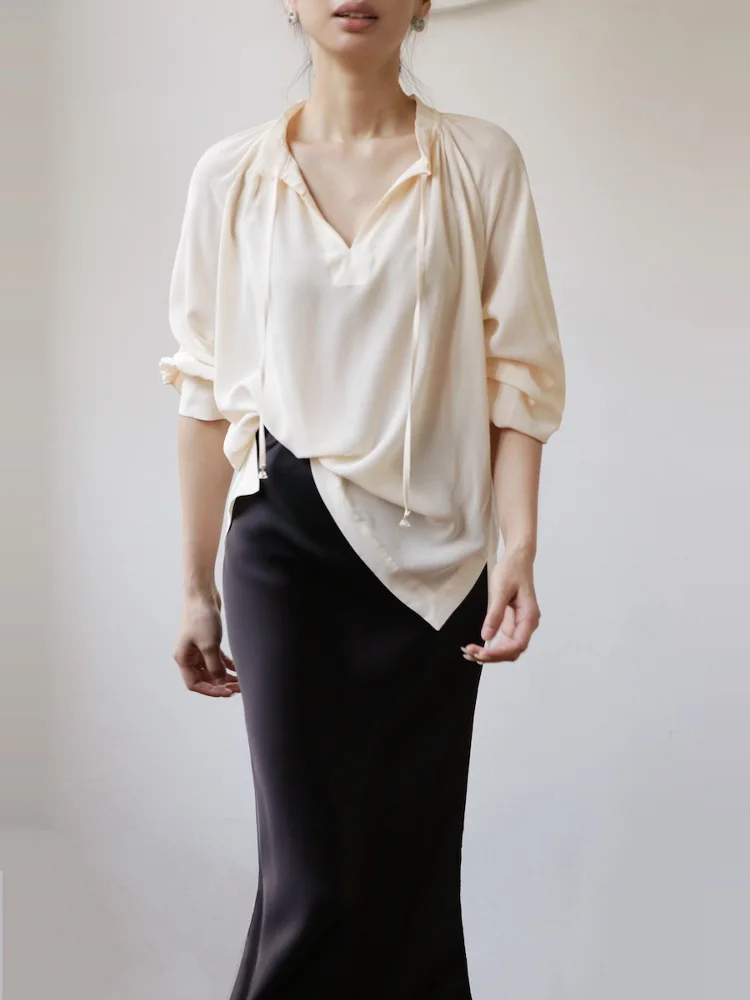 

Шелковое платье-рубашка с V-образным вырезом, на завязках, с хрустальными пуговицами, свободного кроя, длинное, для женщин, повседневное, деловое