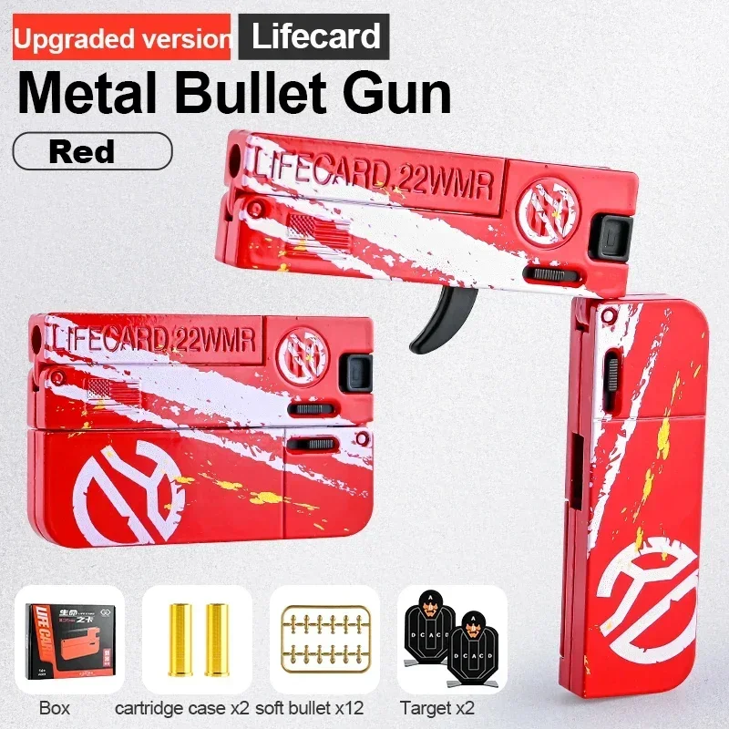 Nueva pistola de juguete plegable de Metal Lifecard mejorada para niños y adultos, pistola de juguete con balas suaves, modelo de tiro de aleación para adultos